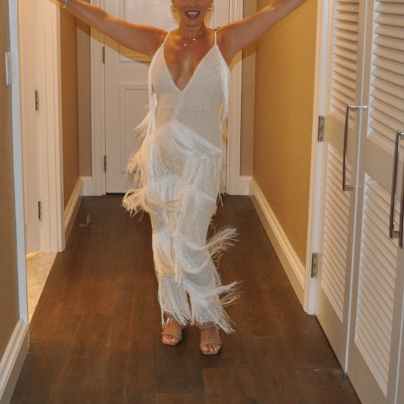 White/cream fitted fringe and crochet overlay jumpsuit - Picture 2 of 4